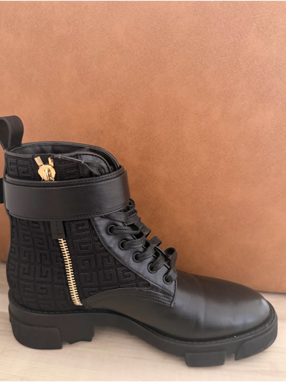 Givenchy Black Leather Combat Boots with Gold Zip